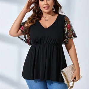 Shein Black Floral Flutter Sleeve Women's Top